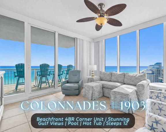 Colonnades #1903" | 4BR Beachfront Corner Unit*Sweeping Gulf Front Views*Pool*Hot Tub*Gym*Sleeps 12