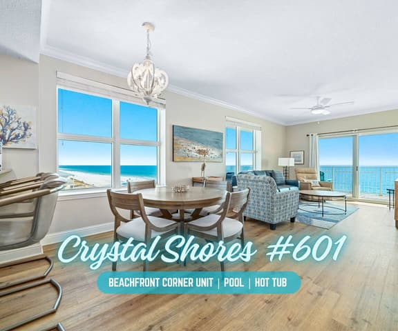 Crystal Shores #601" | Beachfront 2BR Corner Unit*Panoramic Gulf Front Views*Indoor (Heated)/Outdoor Pool*Hot Tub*Gym*Sleeps 6